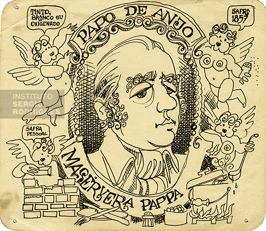 Ilustração de Maservera Pappa, personagem criado por Sergio Rodrigues para o seu restaurante Papo de Anjo, no Rio de Janeiro, em 1969.