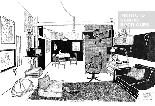 Desenho de Sergio Rodrigues de seu apartamento da rua Visconde de Pirajá em 1956, criado para a reportagem 