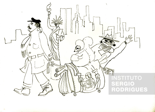 Ilustração de Sergio Rodrigues sobre viagem à Nova York com a Kilin – Personagem idealizado por Sergio para representar sua esposa Vera Beatriz – e sua filha Verônica Rodrigues.